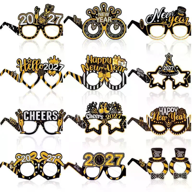 2027 New Year Party Paper Glasses 6pcs Black Gold Glitter