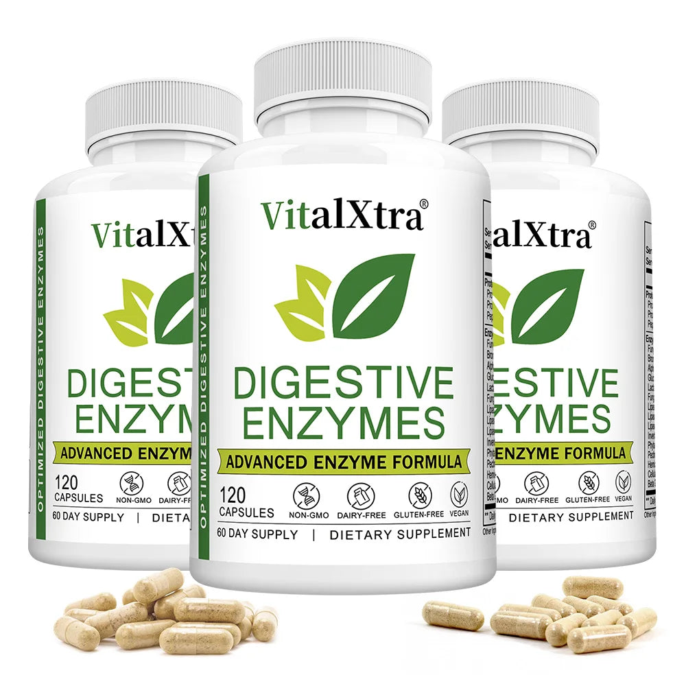 Digestive Enzymes Capsules - Most Essential Digestive Enzymes (Amylase, Lipase, Bromelain, Lactase, Cellulase, Invertase) Peaceful Pleasures Health and Wellness 120 count-3 bottle