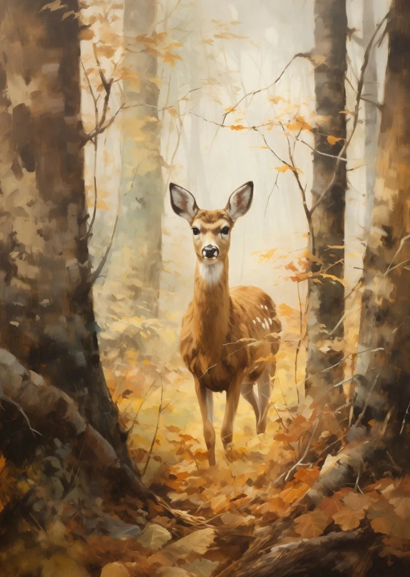 Autumn Birch Tree & Deer Canvas Wall Art | Fall Nature Print