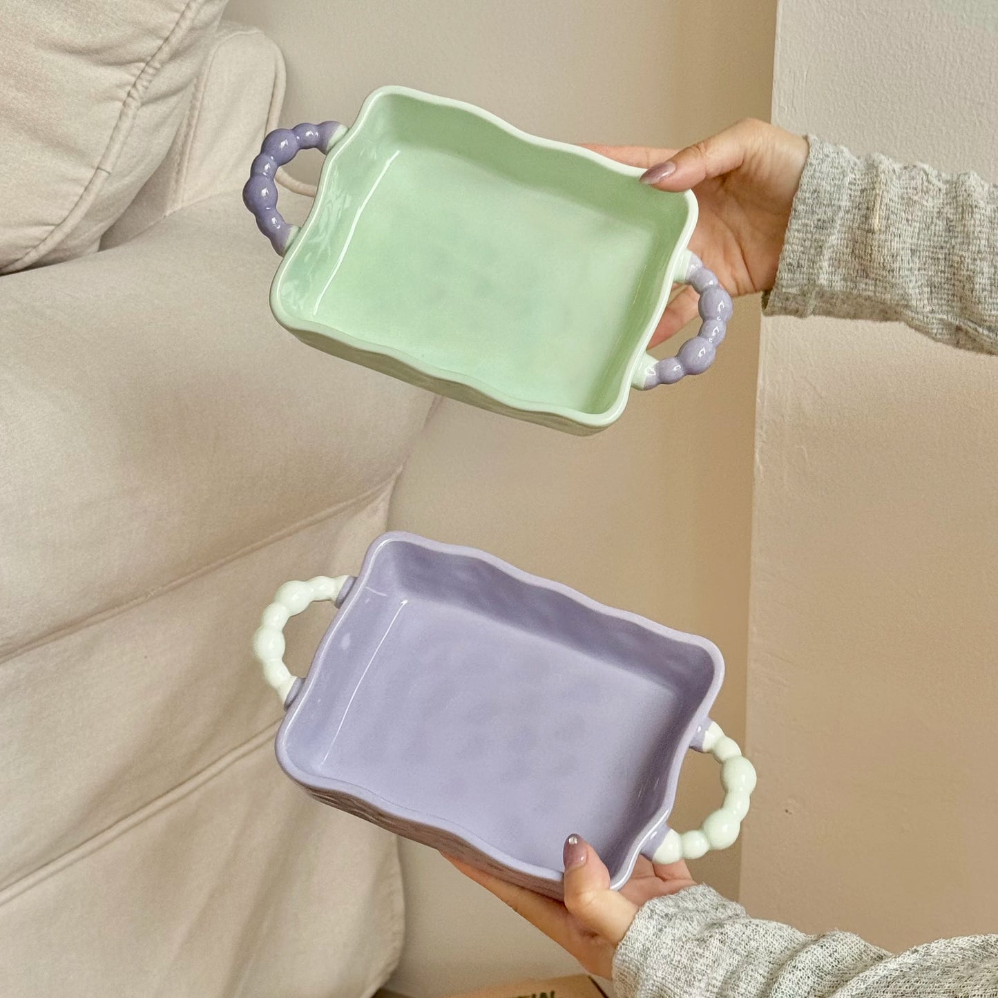 Color Blocked Sugar Bean Irregular Baking Tray Ceramic Double Ear Baking Bowl High End Microwave Oven Baking Utensils Practical Peaceful Pleasures Health and Wellness