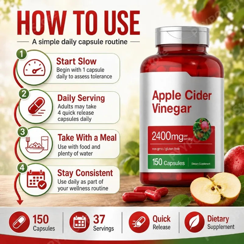 Apple Cider Vinegar Capsules 2400mg Per Serving Daily Wellness Support Non GMO Gluten Free 150 Capsules Peaceful Pleasures Health and Wellness