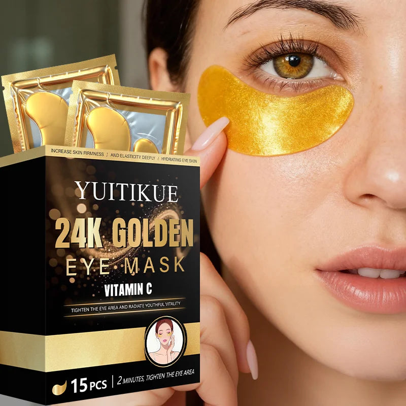 YUITIKUE 24K Golden Eye Mask | Vitamin C Infused | 2-Minute Eye Area Tightening & Hydrating Treatment | 15 Pcs Peaceful Pleasures Health and Wellness