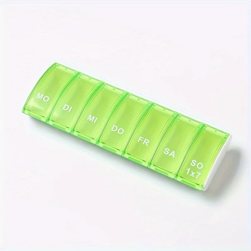 7Day Pill Organizers with Labeled Compartments Monday to Sunday Color-Coded for Travel And Daily Use Featuring a Vibrant Familie Peaceful Pleasures Health and Wellness green