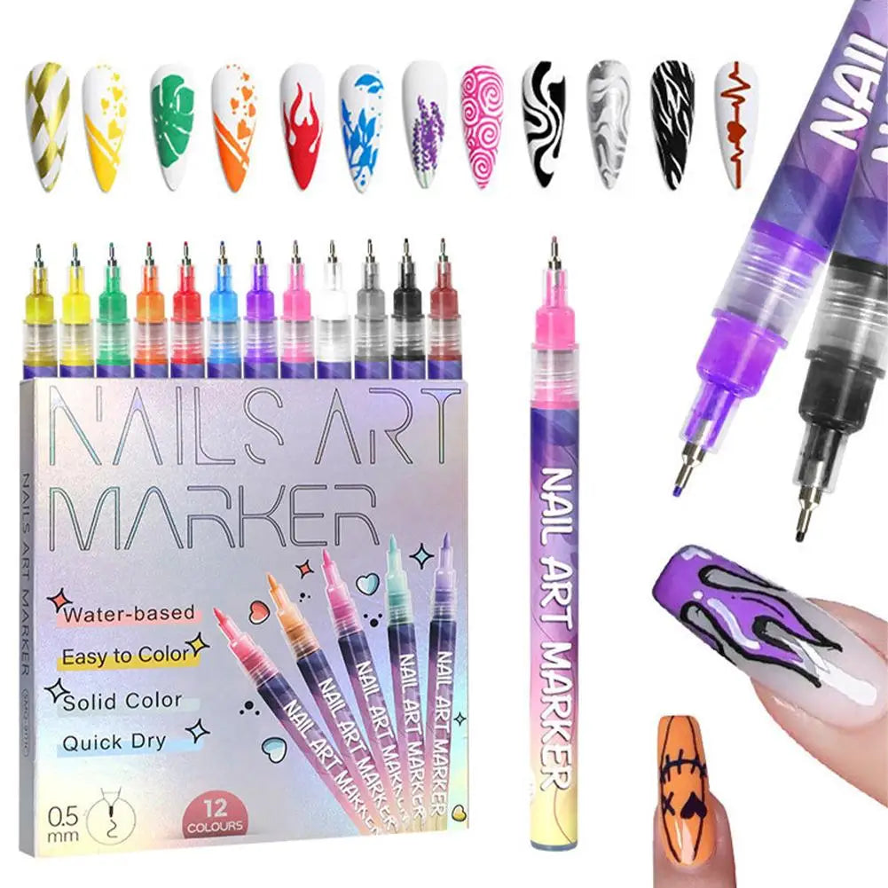 12-Piece 3D Nail Art Pen Set – Liner, Graffiti & Dotting Pens Nail Art Pen Set Peaceful Pleasures Health and Wellness