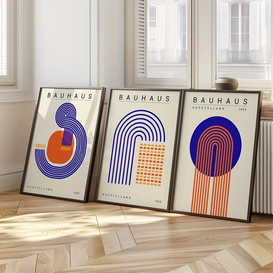 3-Piece Blue Bauhaus Abstract Geometric Canvas Wall Art Set