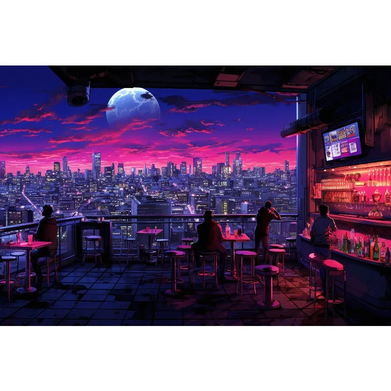 1pc frameless Cyberpunk Night City Landscape Poster Future Neon Lights Bar Design Canvas Wall Art for Living Room Home Decor Peaceful Pleasures Health and Wellness 11 20x30cm Unframed
