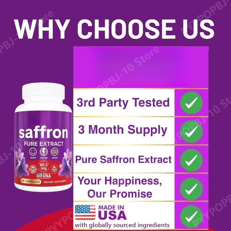 Supplements for Mood Focus 88.5mg Pure Saffron Extract 3rd Party Tested Made in USA 3 Month Supply 90 Capsules Peaceful Pleasures Health and Wellness