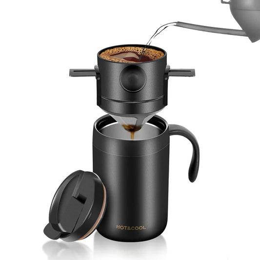 Portable Pour-Over Coffee Set | Stainless Steel Mug & Drip Filter Pour-Over Coffee Set Peaceful Pleasures Health and Wellness black