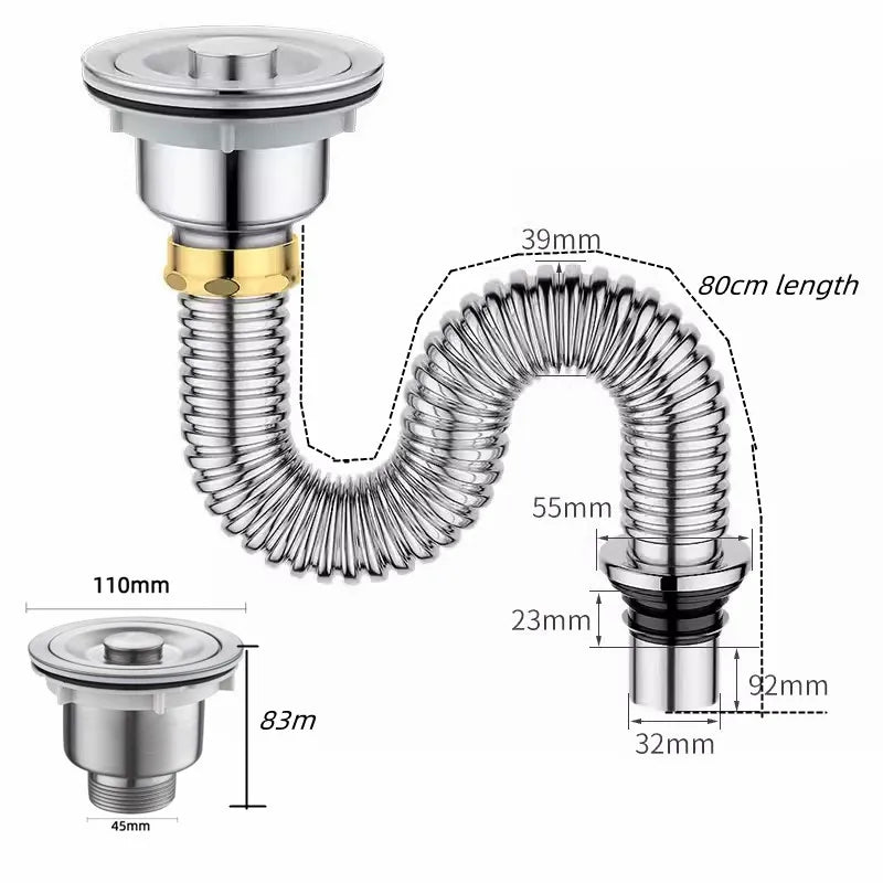 Stainless Steel Sink Drain Filter & Deodorant Drain Pipe Kit
