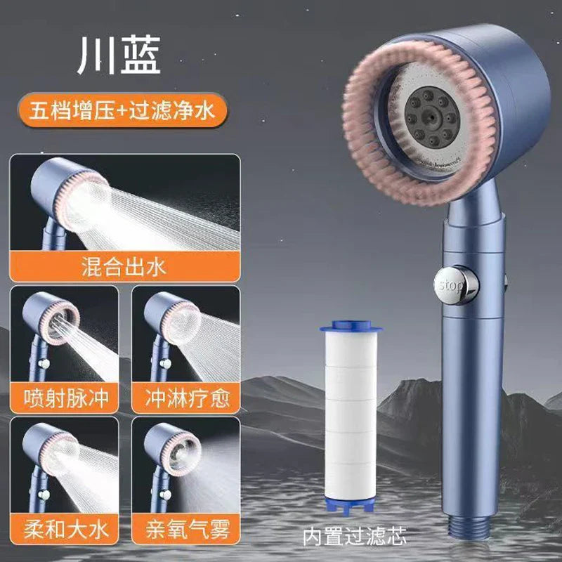 5-Mode High-Pressure Handheld Shower Head with Filter & Stop Button
