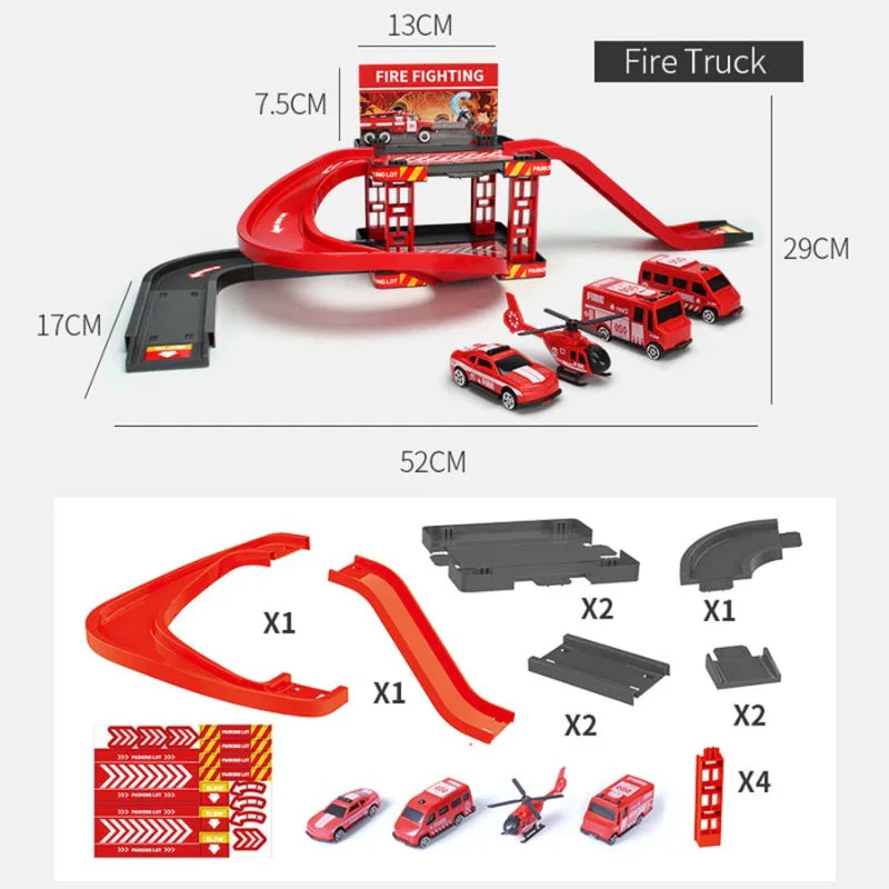 Dinosaur Parking Lot Toy Set – Fire, Police & Engineering Cars