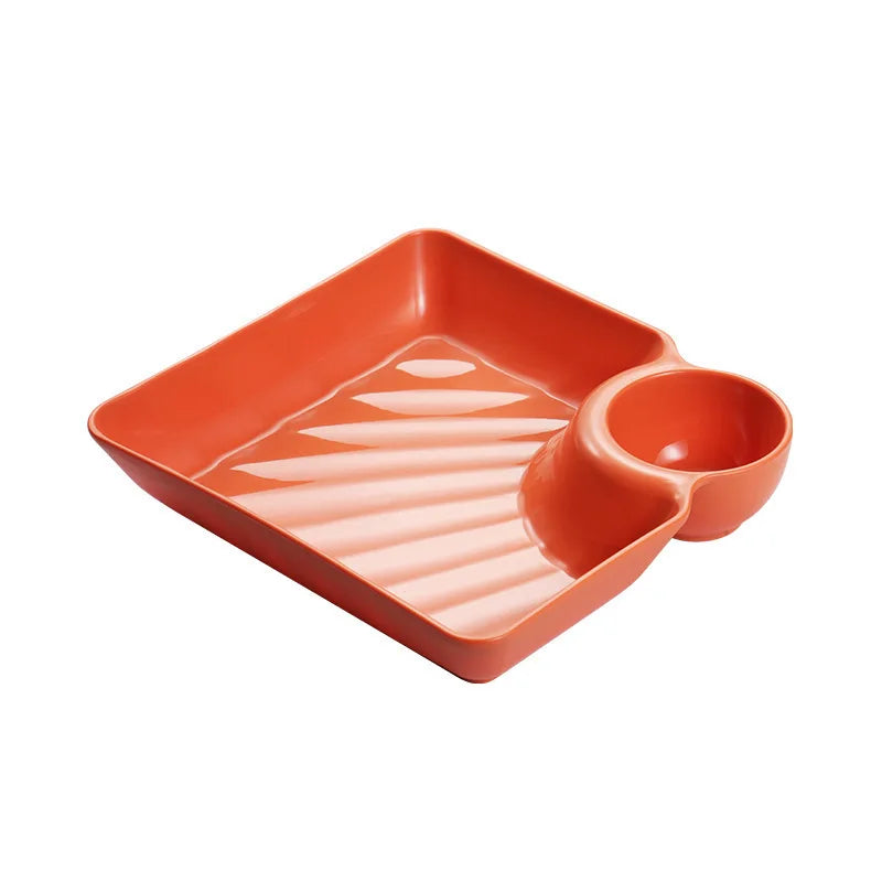Chip Dip Serving Platter Set, Plastic Dumpling Plates with Sauce Compartment, Square Serving Dish Sushi Plates Peaceful Pleasures Health and Wellness Orange 7.28in x 7.2in