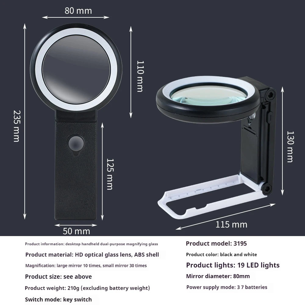 Desktop Handheld Magnifier Dual-Purpose Magnifying Glass 30X 10X 18Led Cold and Warm Light Peaceful Pleasures Health and Wellness black