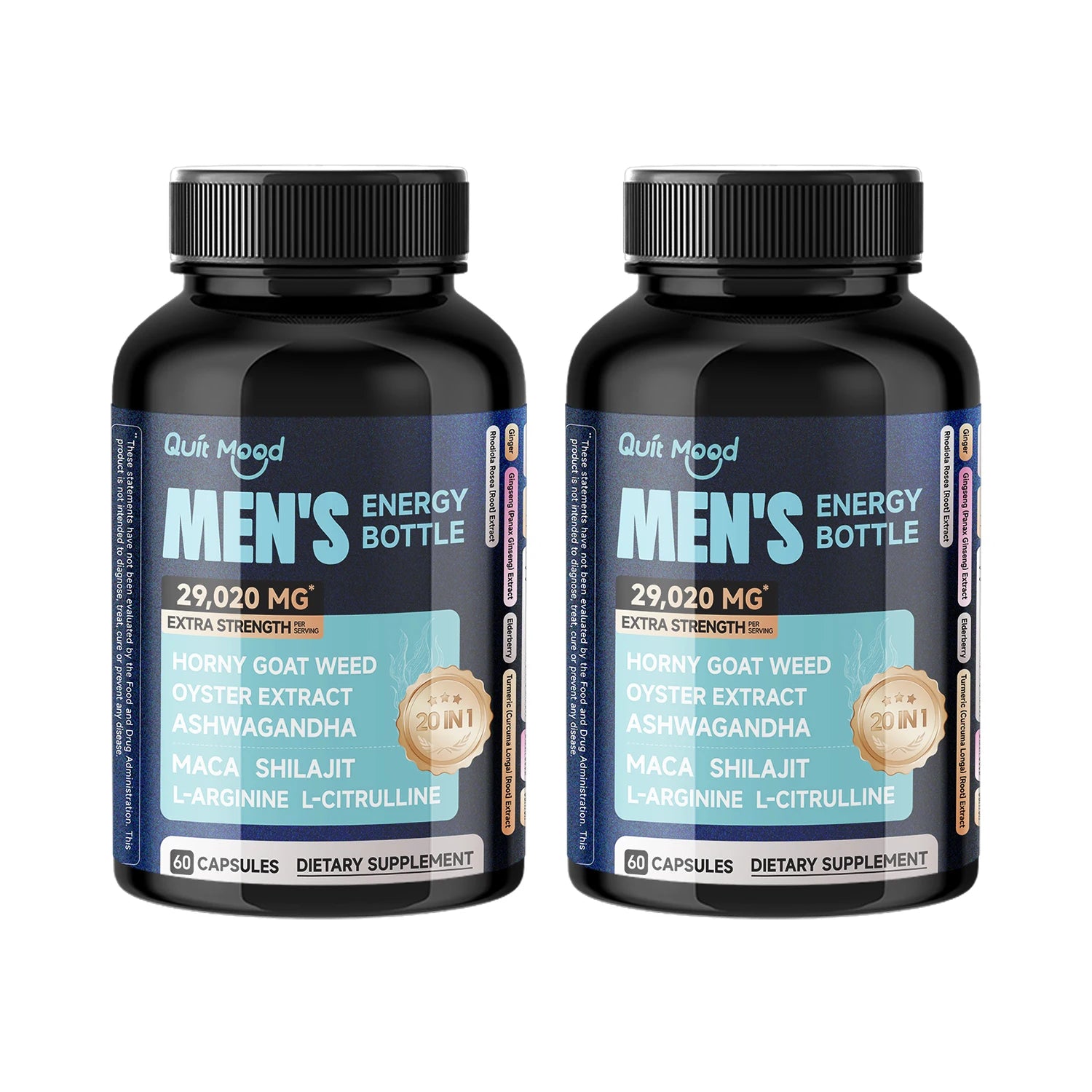 Quit mood Mighty Man Energy 20 in 1 Bottle - Enjoy the Power Every Moment, Horny Goat Weed 300mg, Oyster Extract 200mg, Maca 100 Peaceful Pleasures Health and Wellness 2 bottles United States