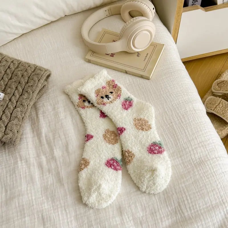 New Fashion Coral Fleece Women Socks Warm Home Floor Socks Strawberry Bear Socks Mid Tube Sleep Socks Plush Socks Added Fleece Peaceful Pleasures Health and Wellness WHITE One Size