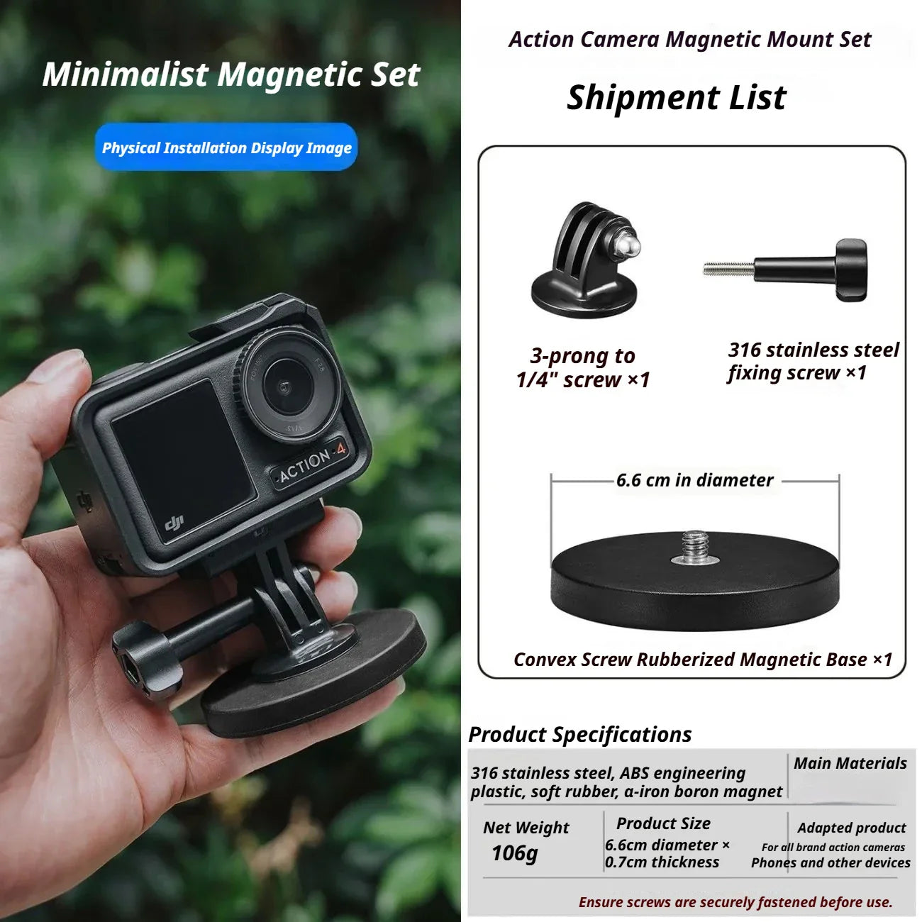 Magnetic Suction Camera Mount for DJI Osmo, Insta360 & GoPro