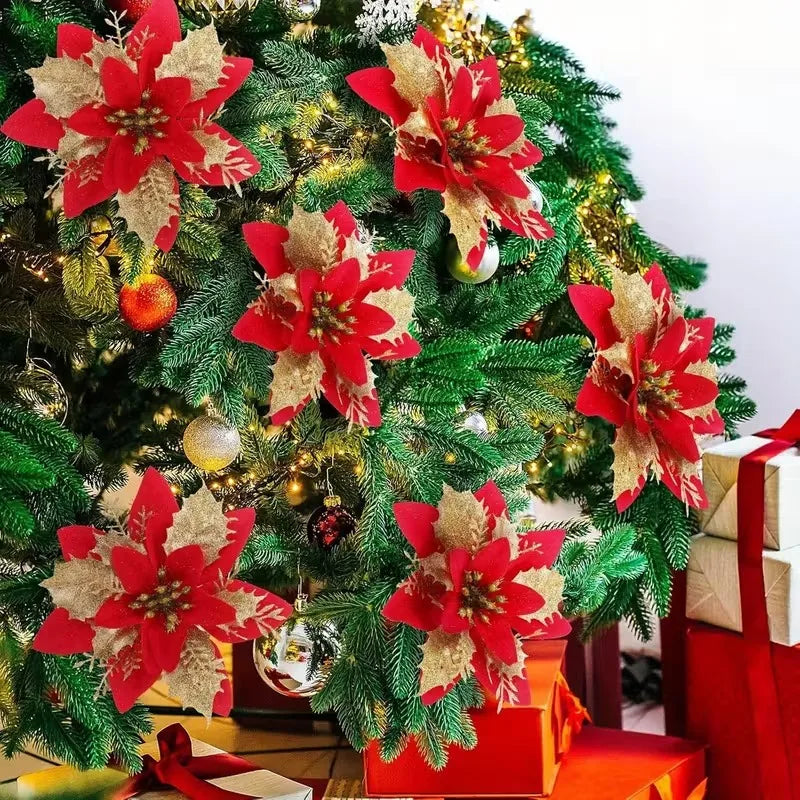 Glitter Artificial Christmas Flowers with Clips – Xmas Tree Decor