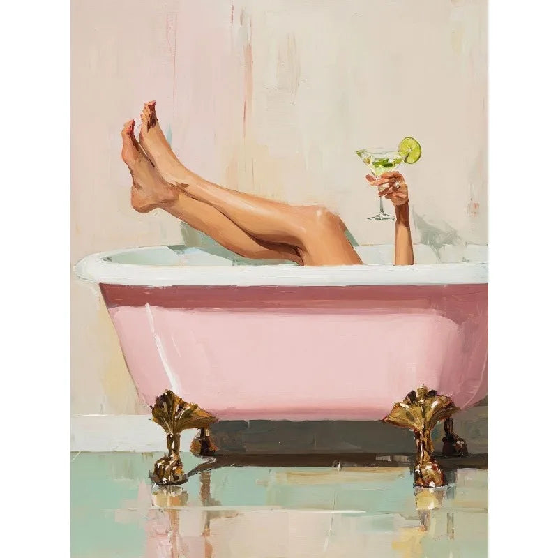 Retro Martini Girl Bathtub Canvas Wall Art | Glam Bathroom Decor
