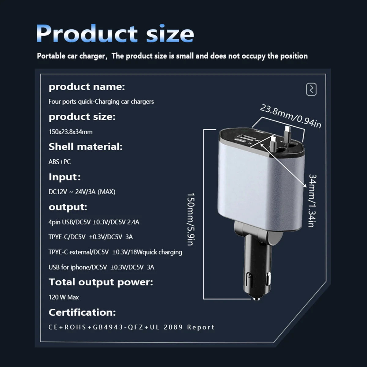 4-in-1 PD 30W Retractable Car Fast Charger | USB-C Lightning