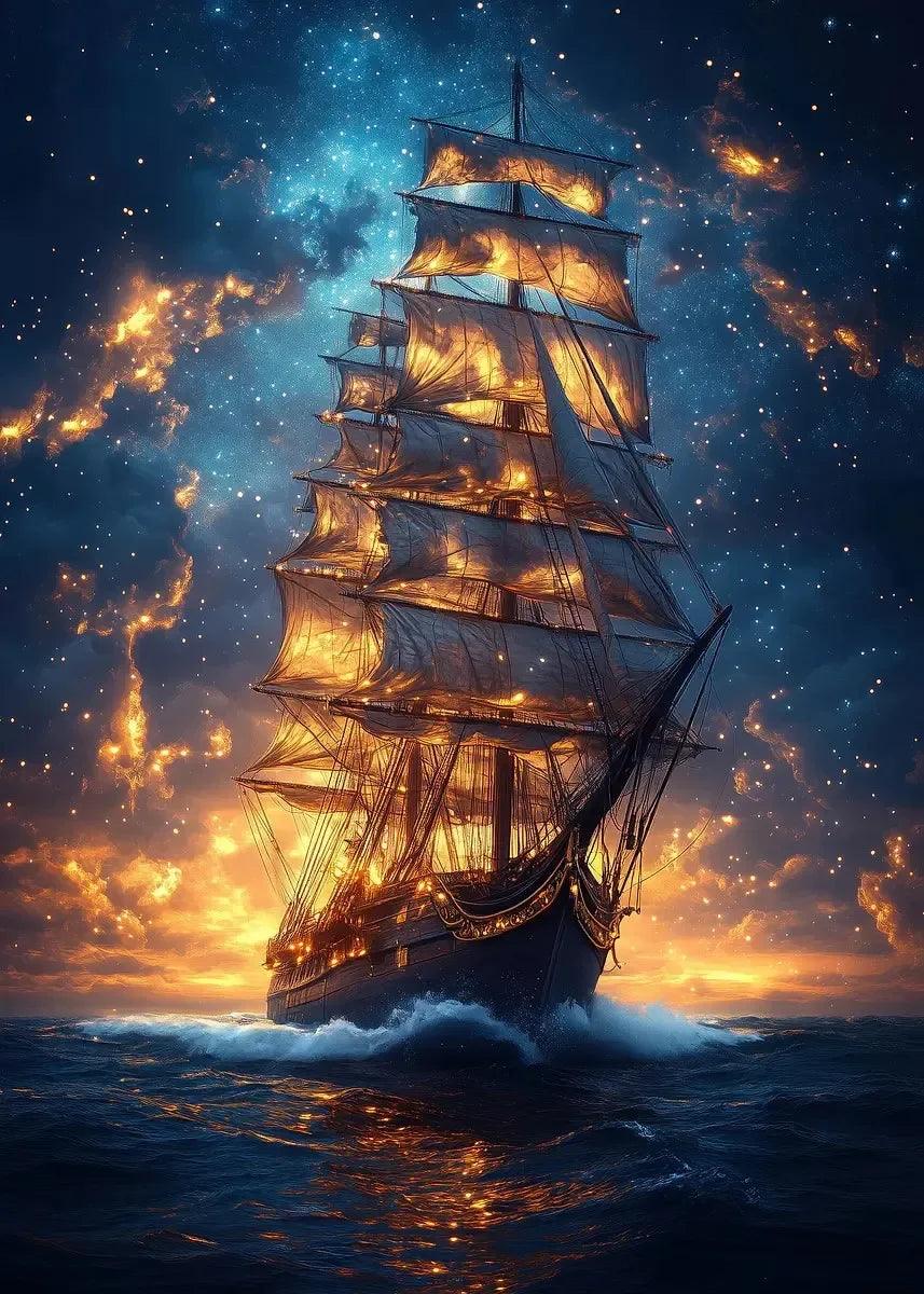 Pirate Ship Sailboat Sailing Ocean Moon Canvas Painting Poster Wall Picture Print for Living Room Home Decor Peaceful Pleasures Health and Wellness P8 50x70cm Unframed