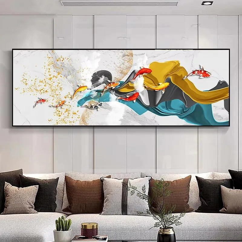 Large Wall Decorative Painting on Canvas Chinese Style Koi Poster Nine Fish Illustration Feng Shui Carp Lotus Pond Home Decor Peaceful Pleasures Health and Wellness ZLH3503 80x240cm Unframed