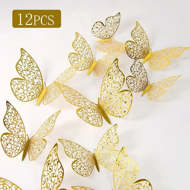 12-Piece 3D Butterfly Wall Stickers – Pink & Yellow Laser Decor