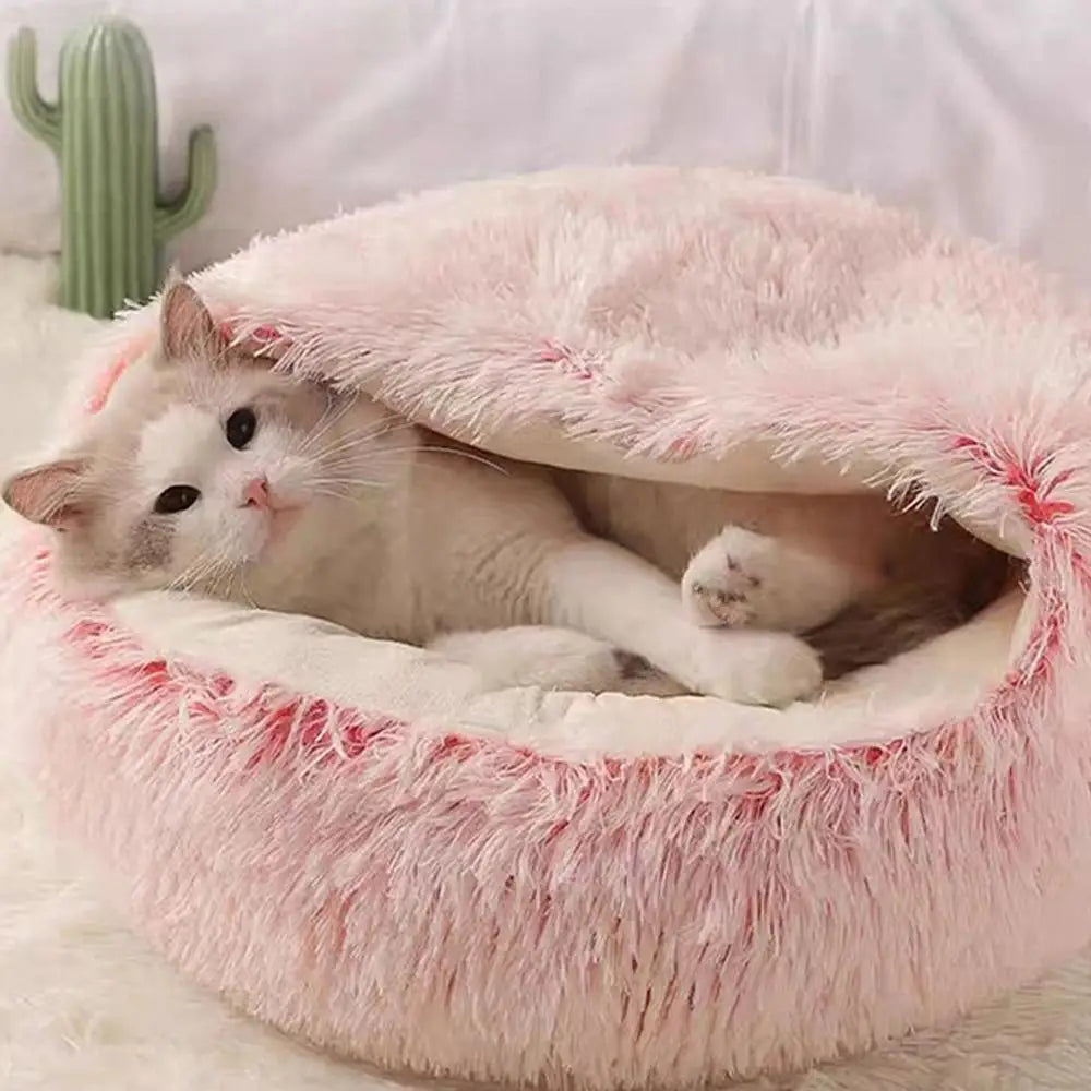 Winter Plush Round Cat Bed | Warm Semi-Enclosed Kitten Nest Cat Bed Peaceful Pleasures Health and Wellness