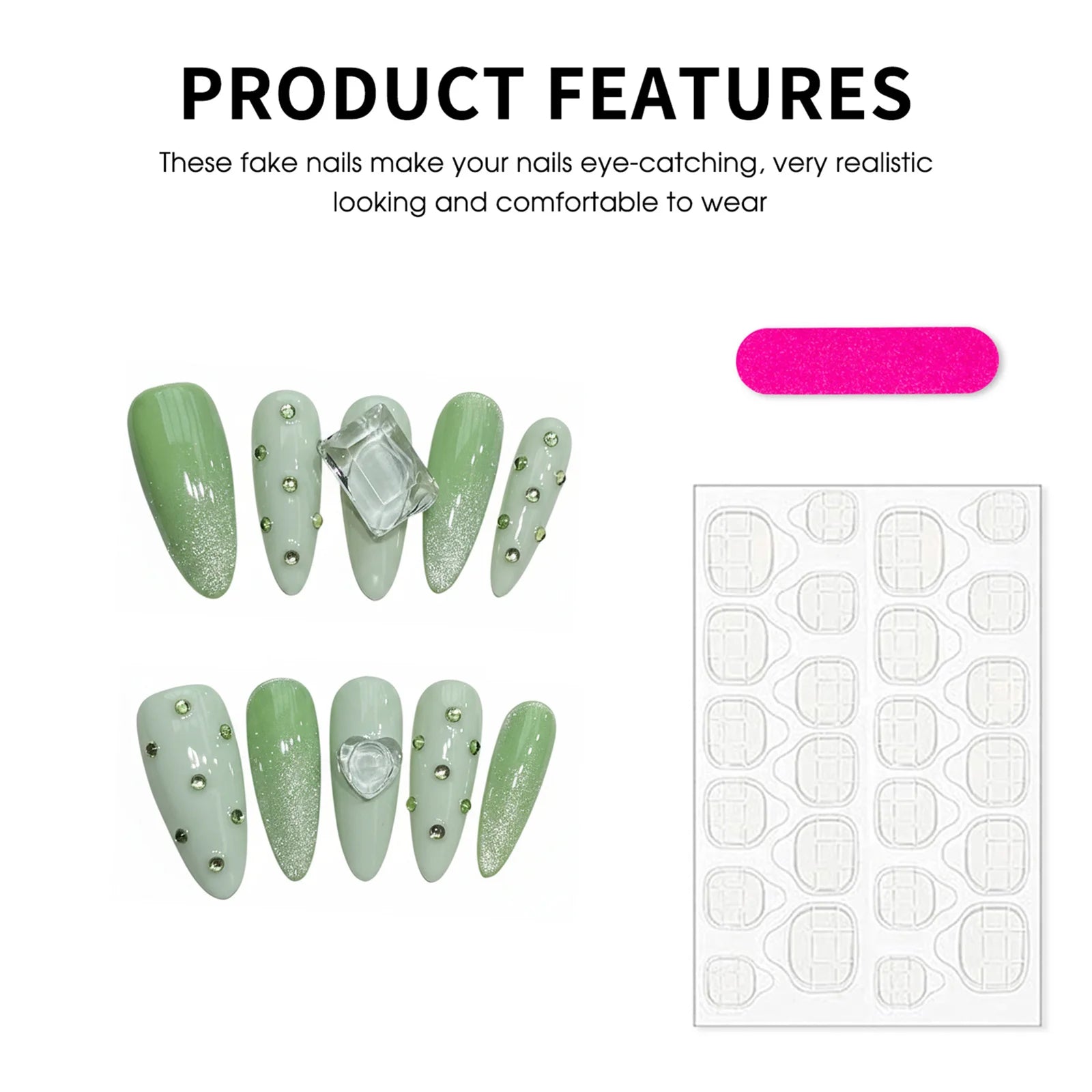10pcs Handmade Press On Nails Summer Lime Green Cat's Eye Long Almond False Nails Flash Rhinestone Decor For Women Trendy Style Peaceful Pleasures Health and Wellness