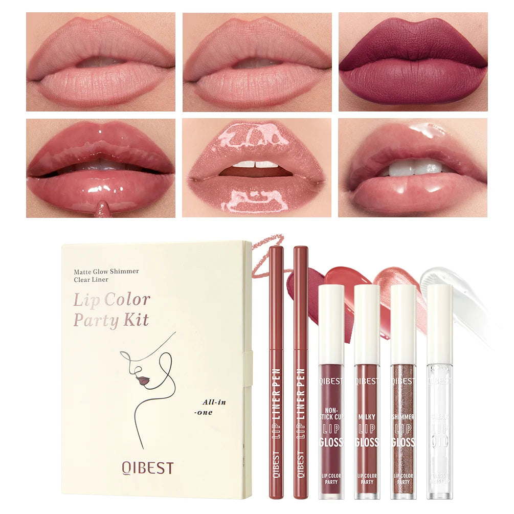 QIBEST 6 PCS Lip Color Makeup Sets Include 2*Lipliner,1 Matte Liquid Lipstick,2 Mirror Lip Glaze And 1 Transparent Lip Oil Balm Peaceful Pleasures Health and Wellness