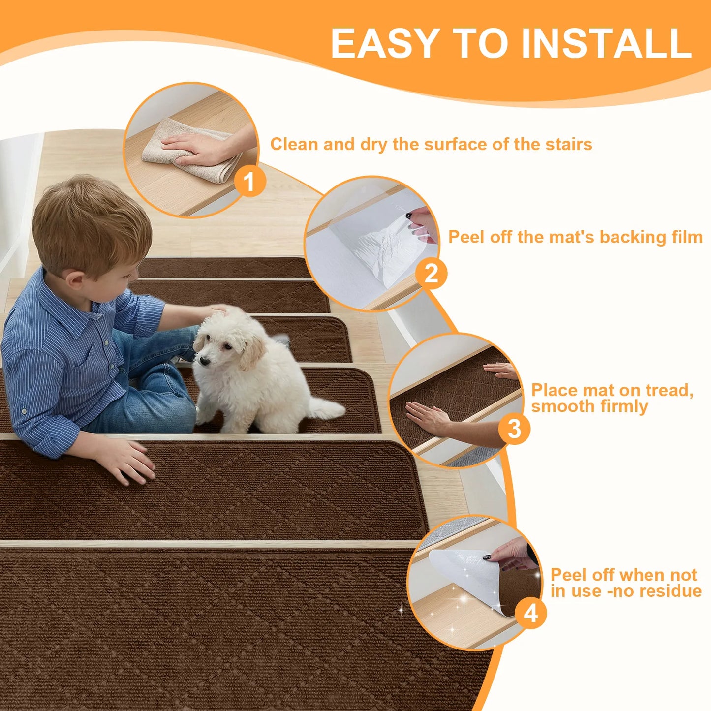 4Pcs Stair Treads for Wooden Steps 20x76CM Washable Non Slip Carpet Stair Treads Soft Peel Stick Stair Runner Rugs for Kids Pet Peaceful Pleasures Health and Wellness