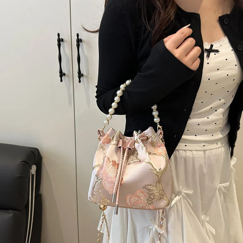 Pearl Chain Bucket Bag – Retro Chinese Style Crossbody