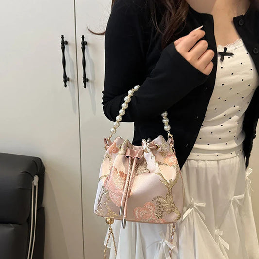 Pearl Chain Bucket Bag – Retro Chinese Style Crossbody Bucket Crossbody Bag Oasis Select