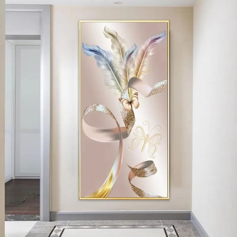 Nordic Luxury Abstract Wall Art Golden White Feathers Canvas Painting Gold Ribbon Posters for Porch Corridor Home Decoration Peaceful Pleasures Health and Wellness ZLH3210 30x40cm No Frame