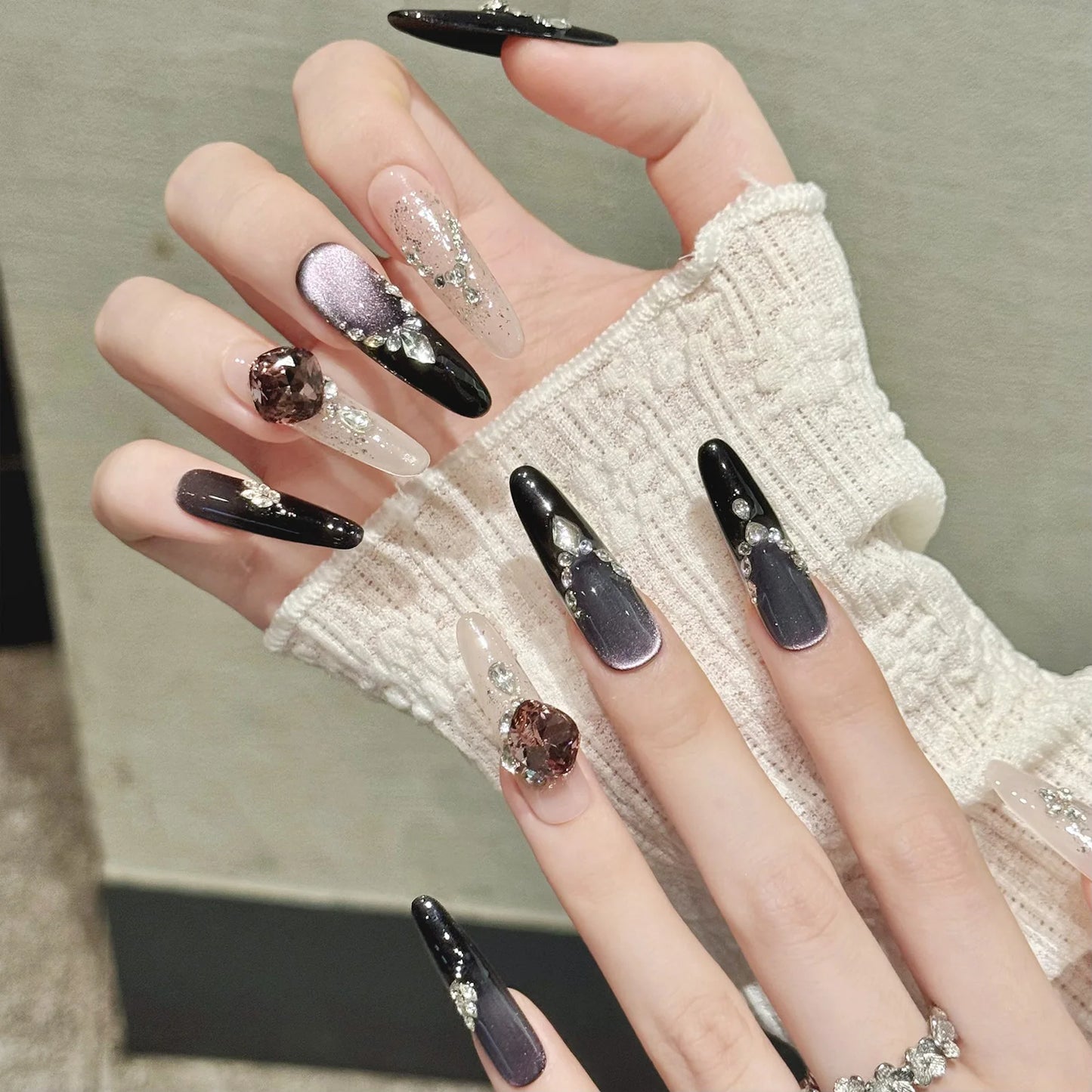 10pcs Handmade Press on Nails Light Luxury Flash Purple Cat's Eye Fake Nails Wearable Shiny Diamond Decor False Nails Almond Tip Peaceful Pleasures Health and Wellness