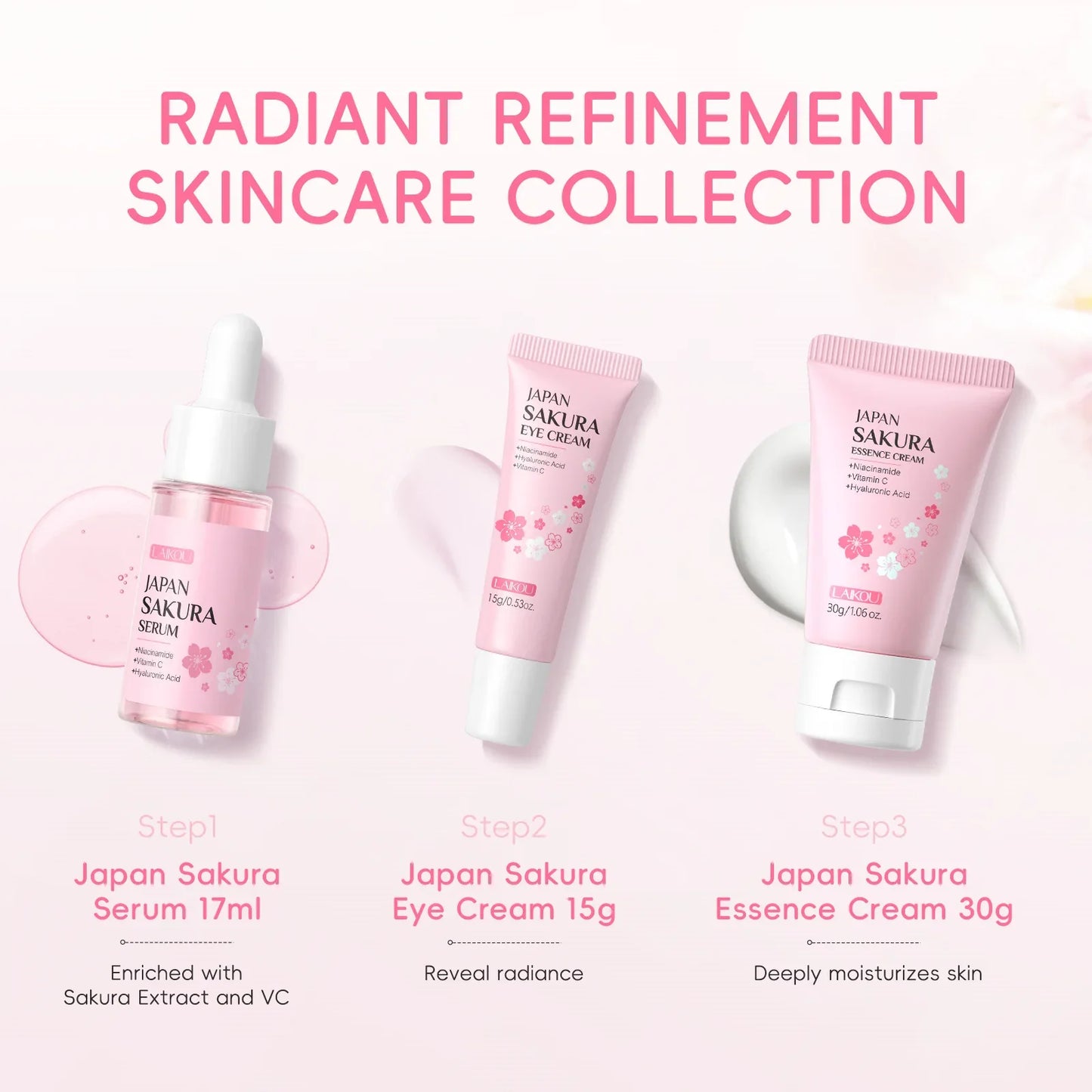 LAIKOU Sakura 3-Piece Skincare Kit – Serum, Eye Cream & Face Cream