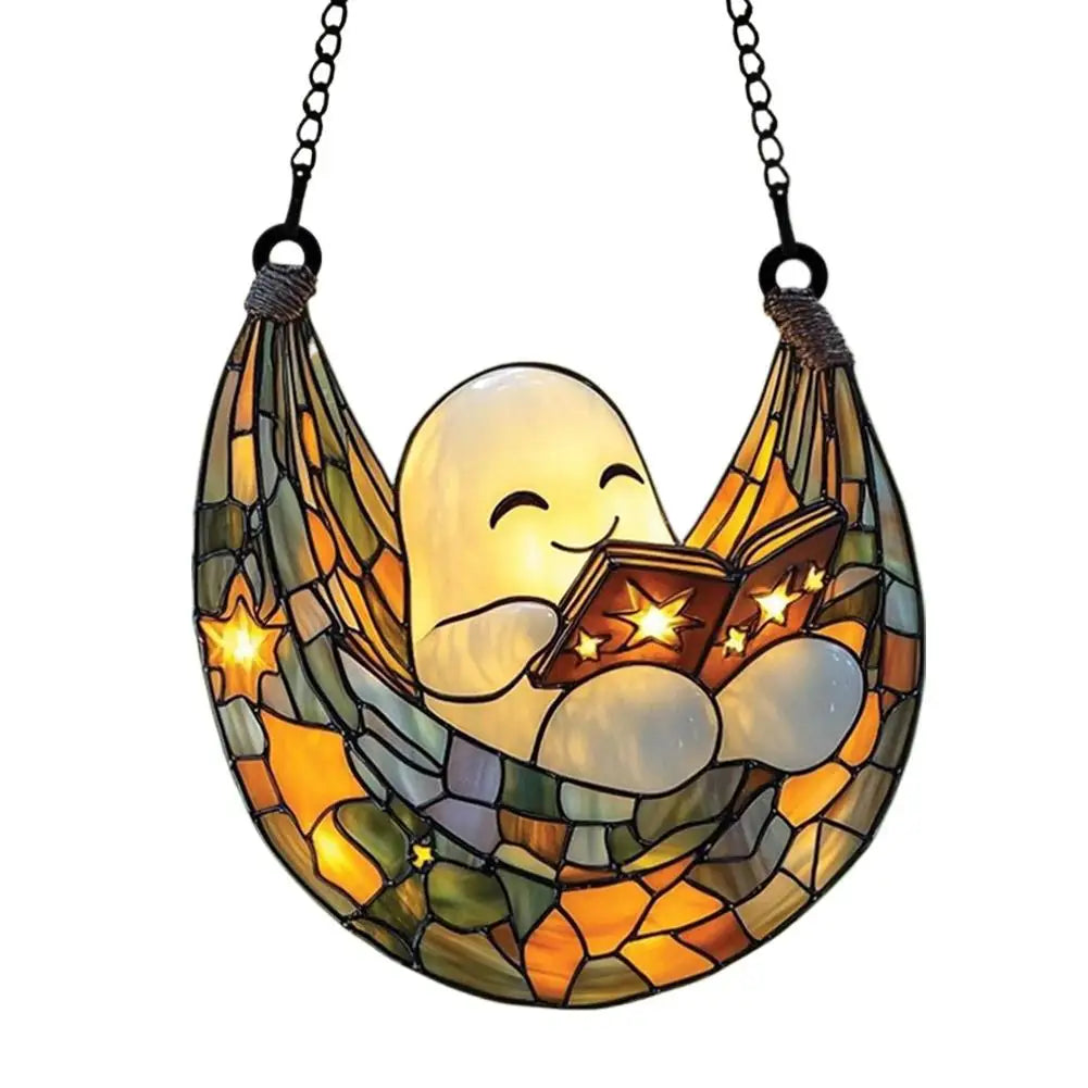 Halloween Ghost Reading Book Acrylic Suncatcher Window Hanging