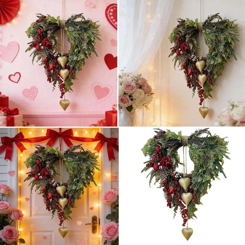 Festive Rattan Wreath with Berries & Hearts | Holiday Wall Decor