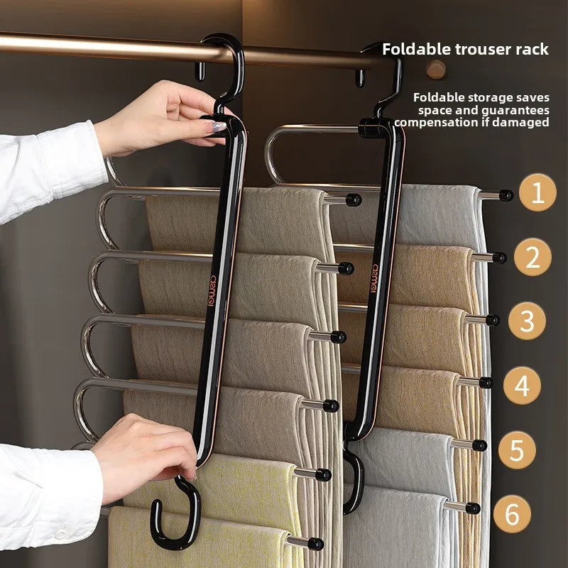 6 Layers Multi-Function Pants Hangers Folding Aluminum Trouser Clothes Storage Rack Saving Space Storage Holder Closet Organizer Peaceful Pleasures Health and Wellness