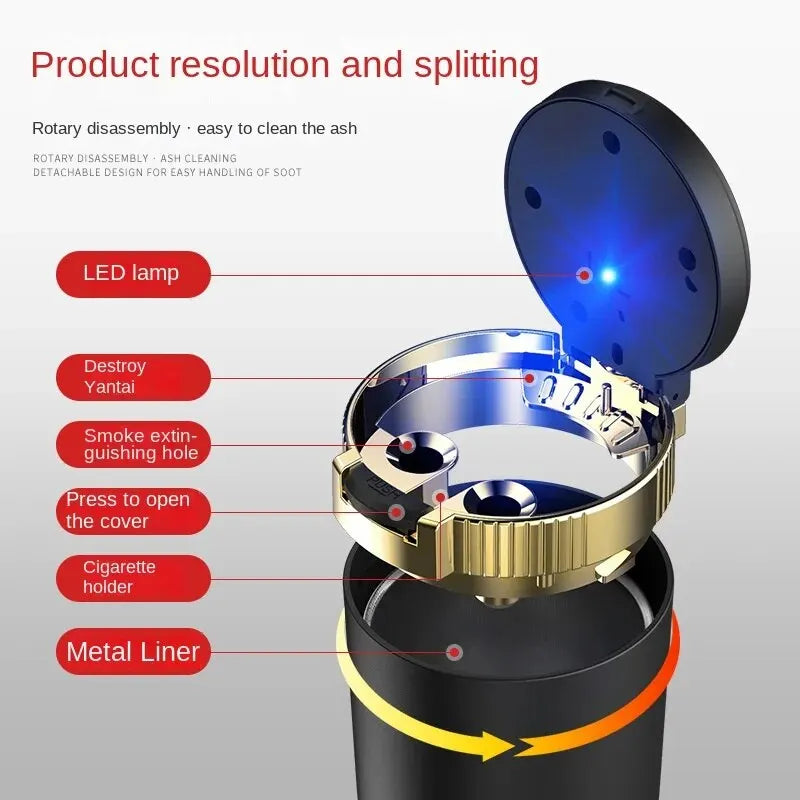 LED Car & Home Ashtray with Lid – Blue Glow, ABS & Metal