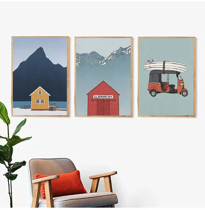 Minimalist Landscape Canvas Wall Art | Bicycle Surf Lake House