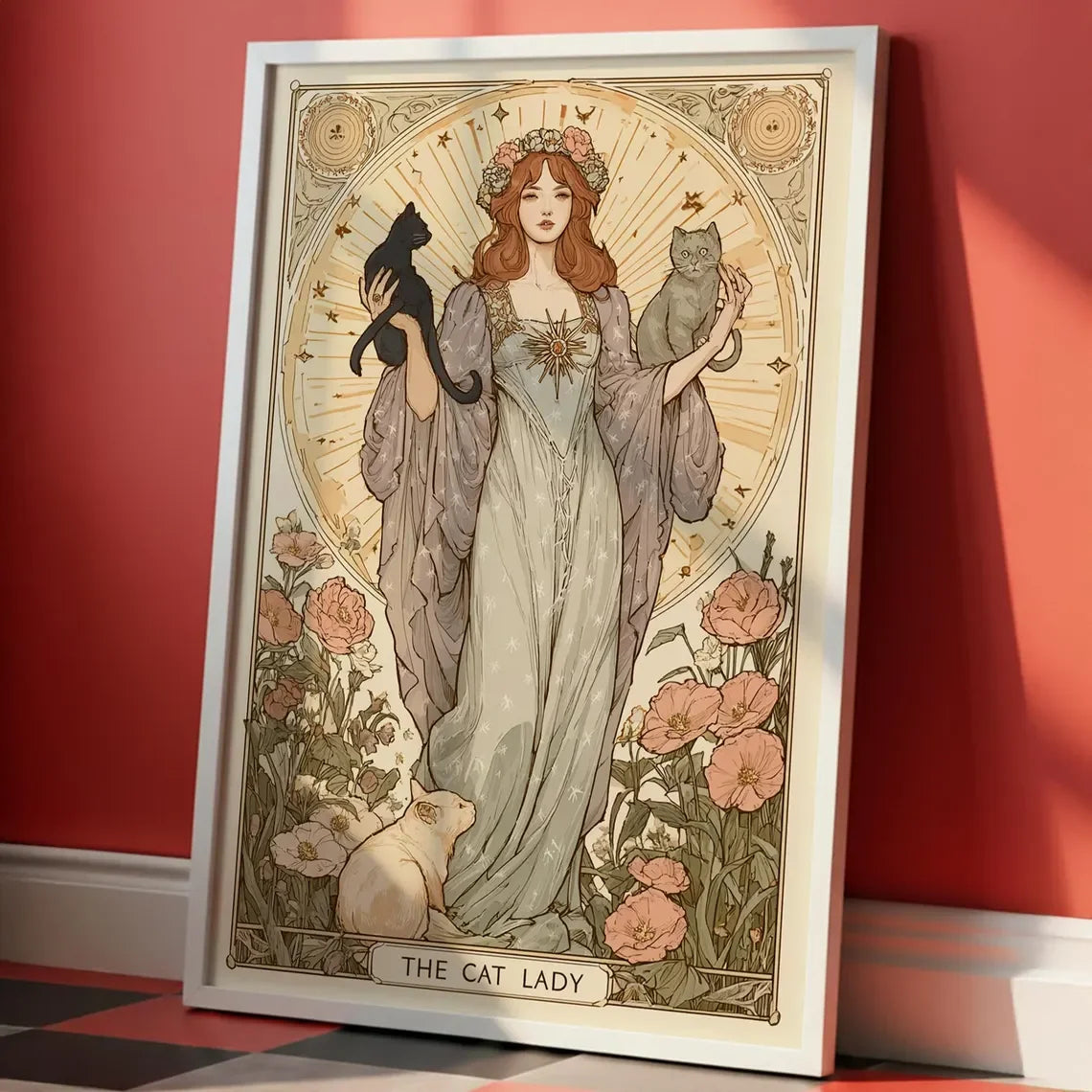 The Cat Lady Tarot Print, Art Nouveau Cat Lovers Wall Art, Vintage Cat Poster, Cat Mom Gift, Unique Cat Print, Apartment Decor Peaceful Pleasures Health and Wellness WS9223-5 50x70cm Unframed