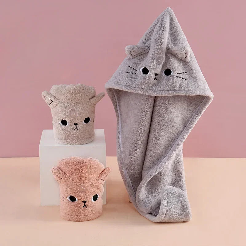 Quick-Dry Microfiber Hair Towel Cap – Cute Cat Turban for Women