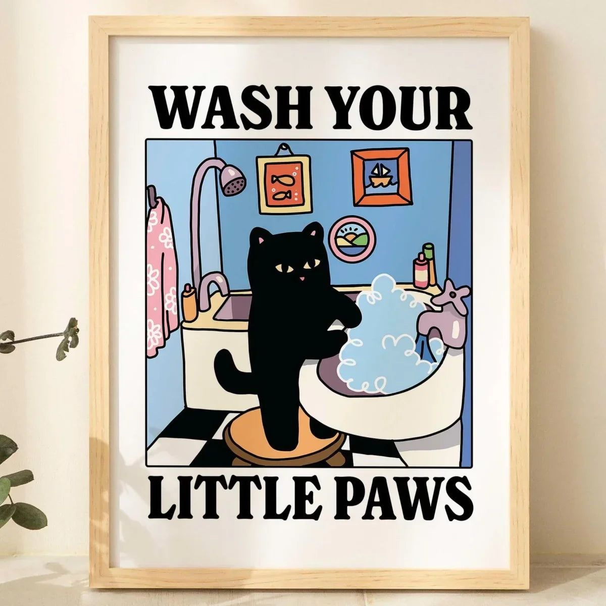 Funny Cat "Wash Your Paws" Canvas Wall Art | Bathroom Decor