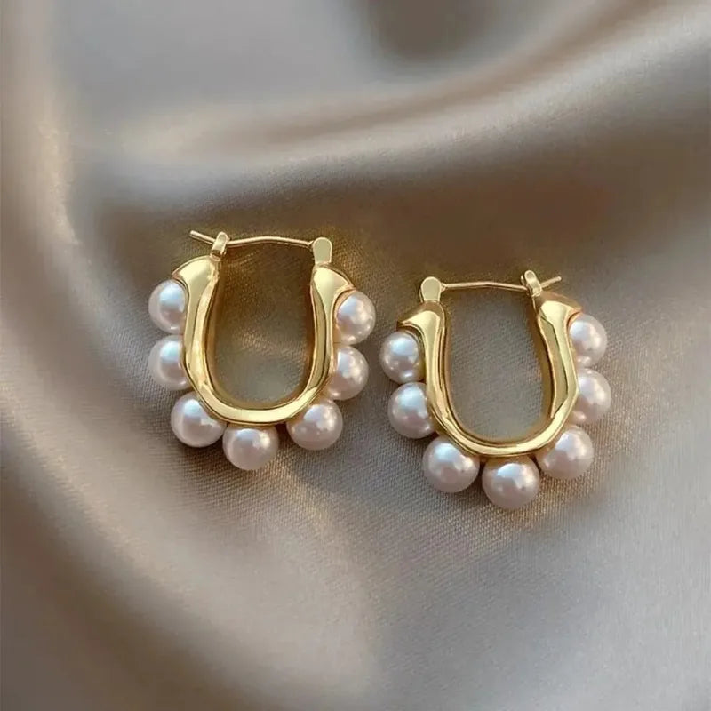 Gold Pearl U-Shaped Hoop Earrings for Women | Wedding Party