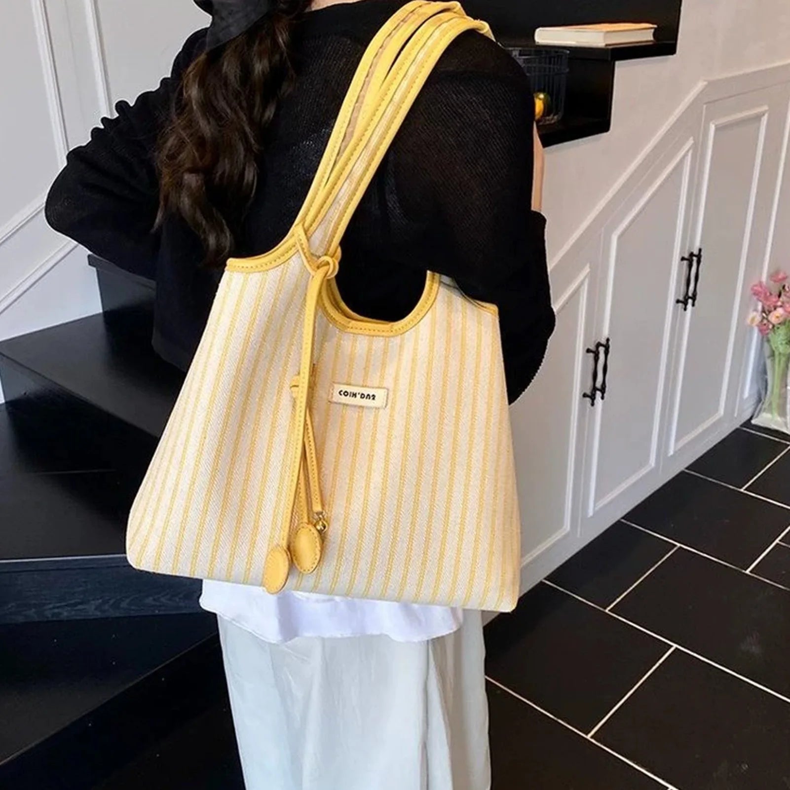 Striped Canvas Tote Bag for Women Large Capacity Shoulder Crossbody Bag Fashion Commute School Bag Peaceful Pleasures Health and Wellness