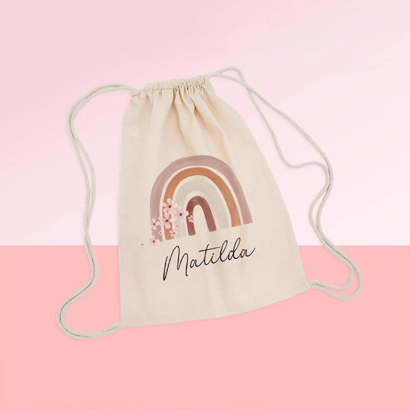 Personalized Rainbow Drawstring Backpack for Kids | Custom Name Personalized Drawstring Bag Peaceful Pleasures Health and Wellness