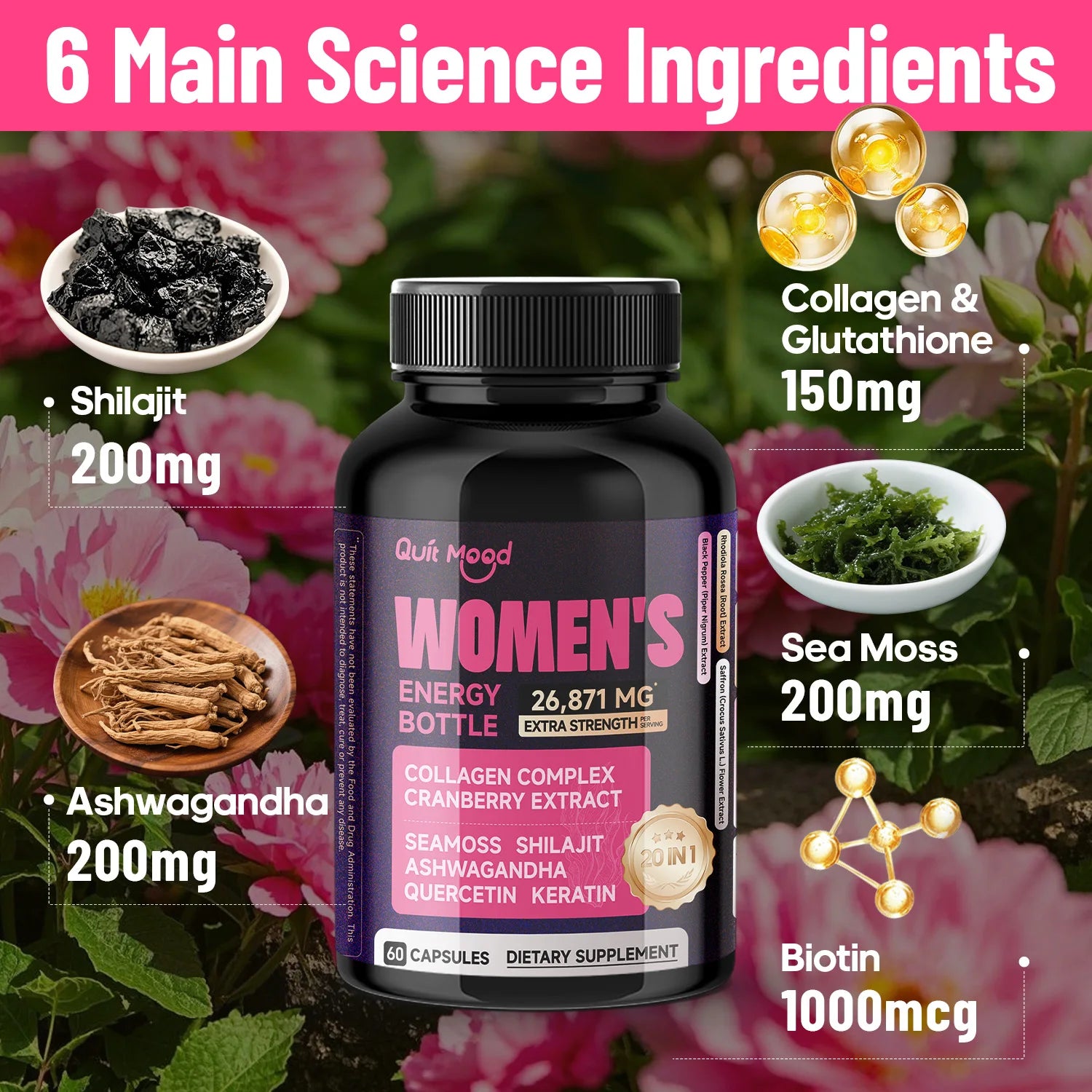 Quitmood Unleash Your Inner Power–Natural Energy for Women to Ignite Vitality, Focus & Stress (60 Capsules) Peaceful Pleasures Health and Wellness