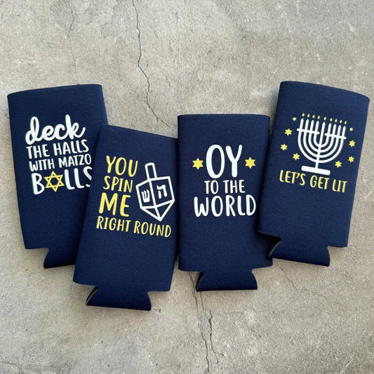 Hanukkah Slim Can Coolers Set of 4 | Chanukah Party Favors Holiday Can Coolers Peaceful Pleasures Health and Wellness 4pcs 8.5x16cm