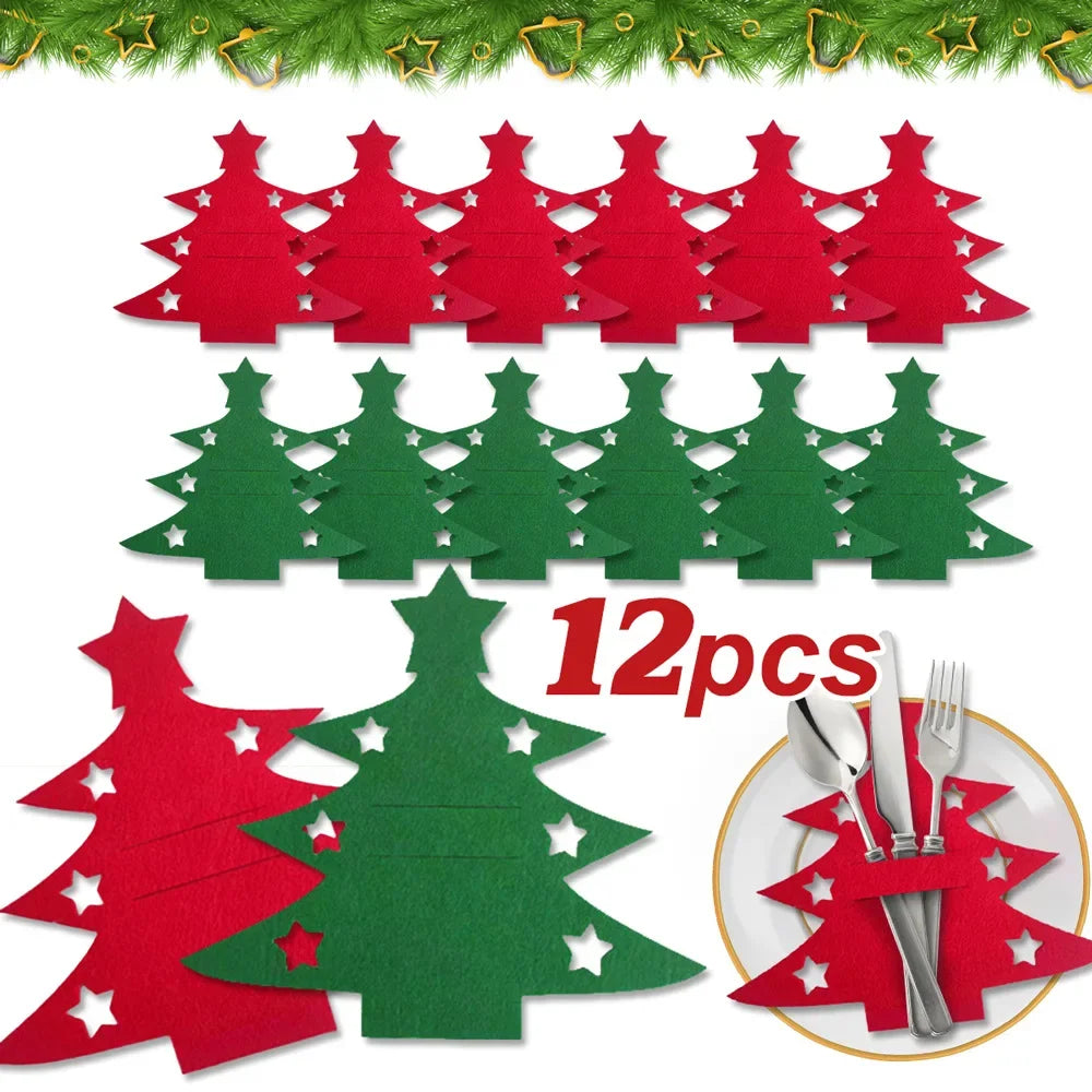 12pcs, Christmas Tree Placemats, Felt Fork and Spoon Bag Set, Suitable for Christmas and Other Holiday Party Table Decoration Peaceful Pleasures Health and Wellness