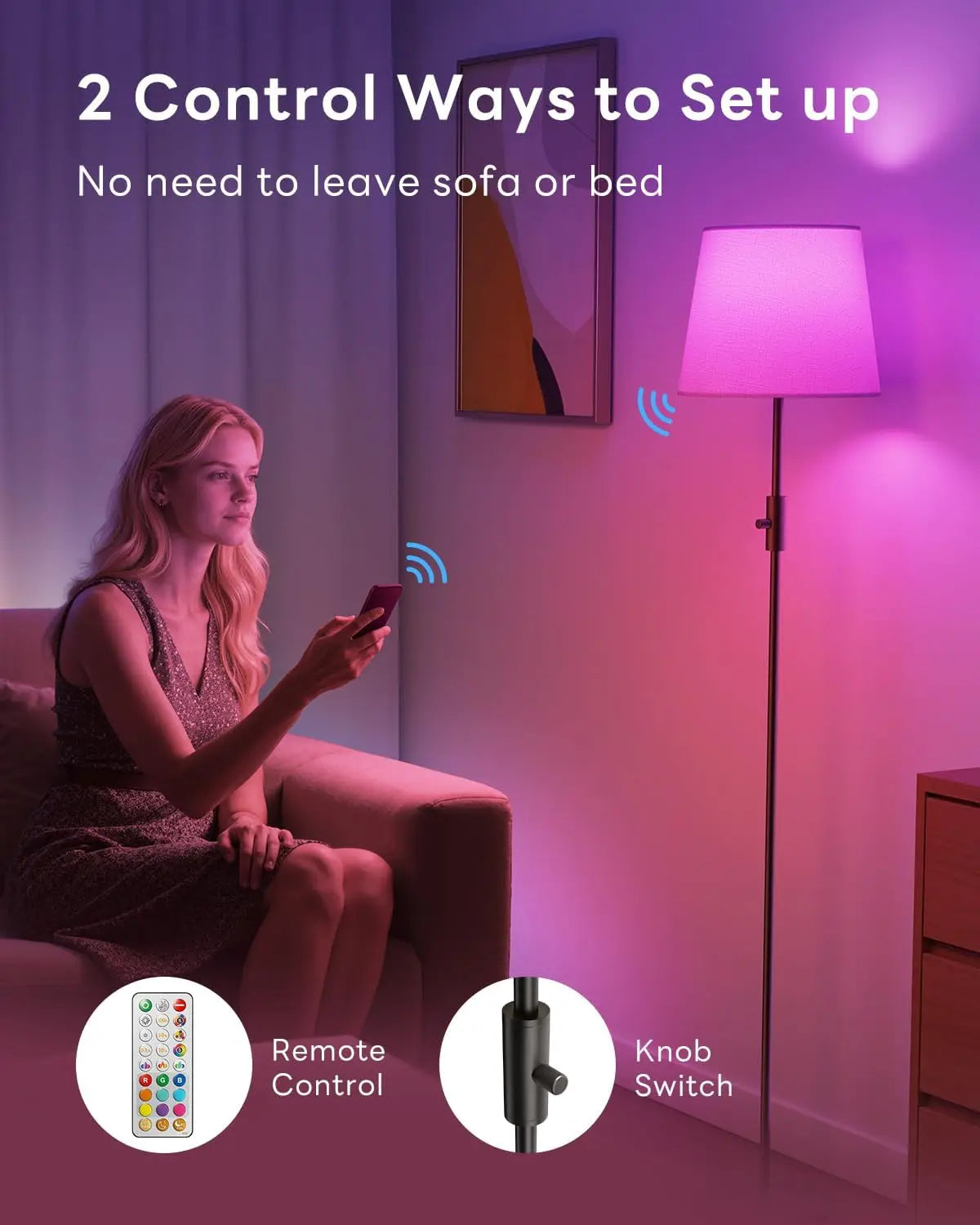 Woman using a smartphone to control a floor lamp with text on setup methods.